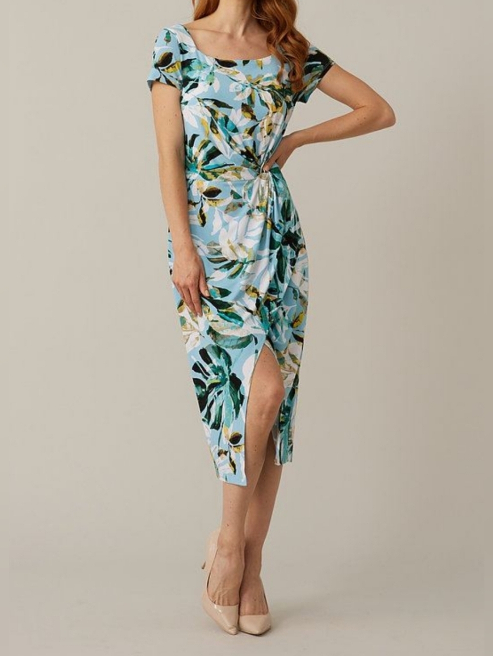 Joseph Ribkoff Blue/Multi Tropical Print Faux Wrap Sheath Dress Size 2